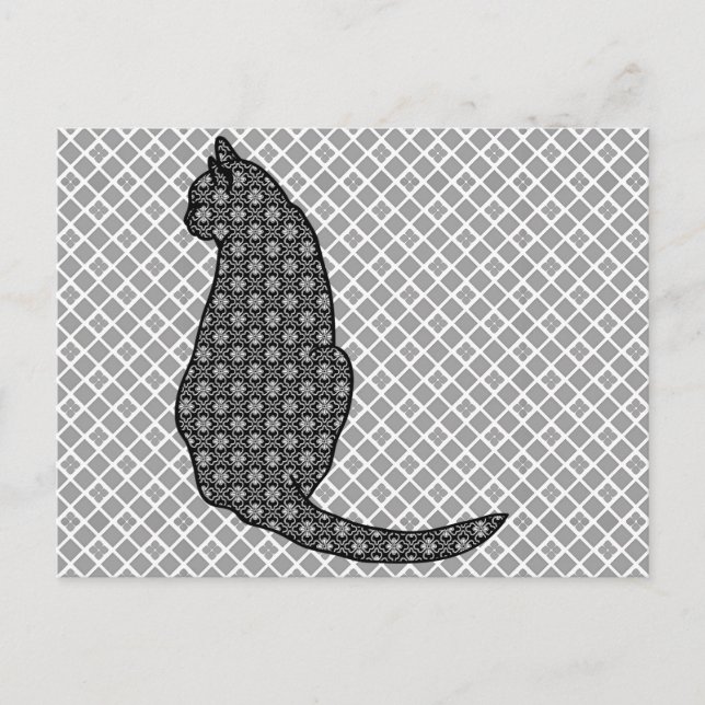 Japansk katt - svart-vit kimonomönster vykort (Framsida)
