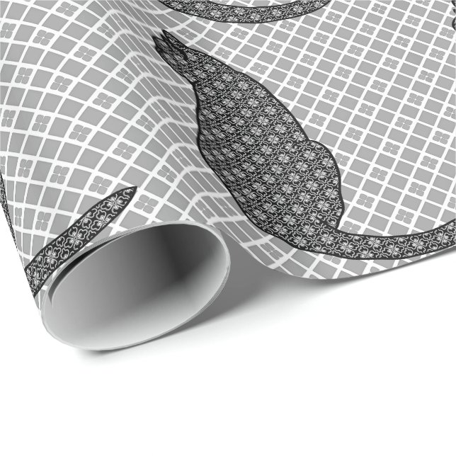 Japansk katt - svartvitt Kimonotryck Presentpapper (Rullad Hörn)