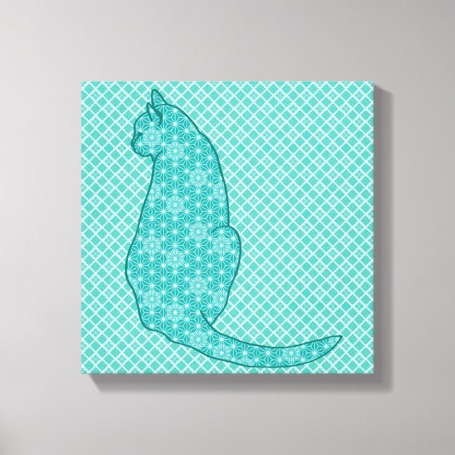 Japansk katt - turkos Kimono-utskrift Canvastryck (Framsida)