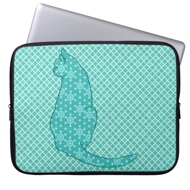 Japansk katt - turkos Kimono-utskrift Laptop Sleeve (Framsidan)