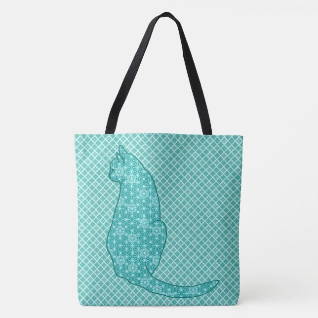 Japansk katt - turkos Kimono-utskrift Tygkasse (Framsida)