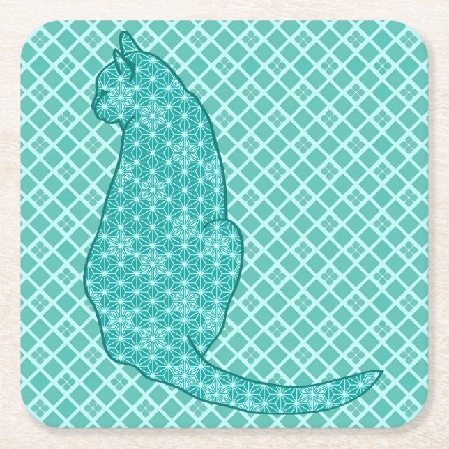 Japansk katt - turkos Kimono-utskrift Underlägg Papper Kvadrat (Framsidan)