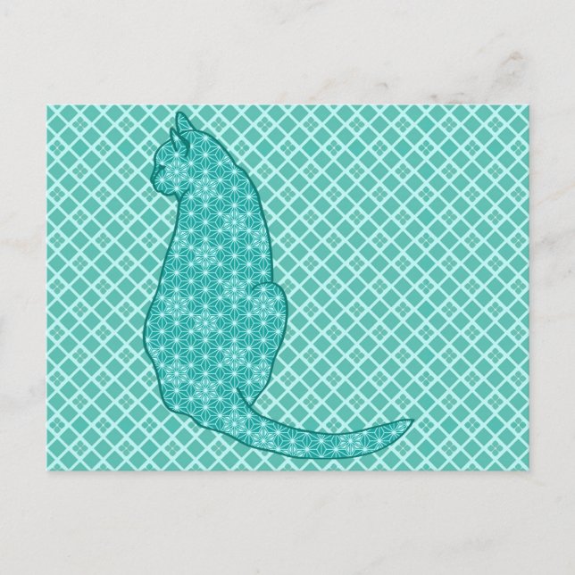 Japansk katt - turkos Kimono-utskrift Vykort (Framsida)