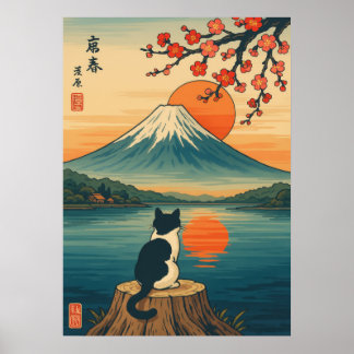 Japansk katt Watching Mount Fuji Sunset Poster