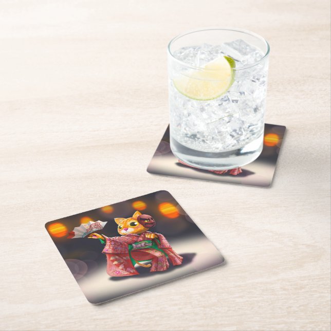 Japansk kattdansare i traditionell kostym underlägg papper kvadrat (Insitu)