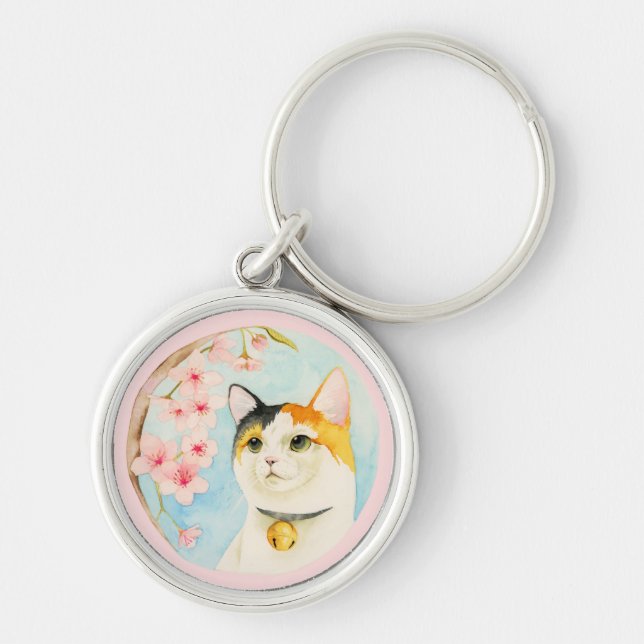 Japansk kattvattenfärgkonst rund silverfärgad nyckelring (Framsidan)