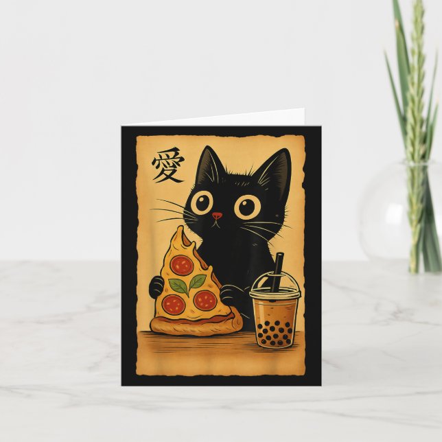Japansk Kawaii Anime Katt Pizza En Tea Katt som ät Kort (Framsida)