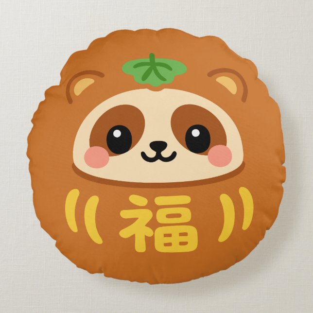 Japansk Kawaii daruma tanuki Rund Kudde (Framsidan)