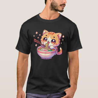 Japansk Kawaii Kattunge Anime Katt Äter Ramen Kvin T Shirt