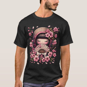 Japansk Kawaii Kokeshi Doll Cherry-Blommar T Shirt