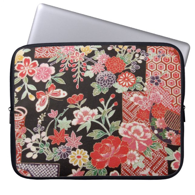 Japansk KIMONO Textile, Blommönster Laptop Sleeve (Framsidan)