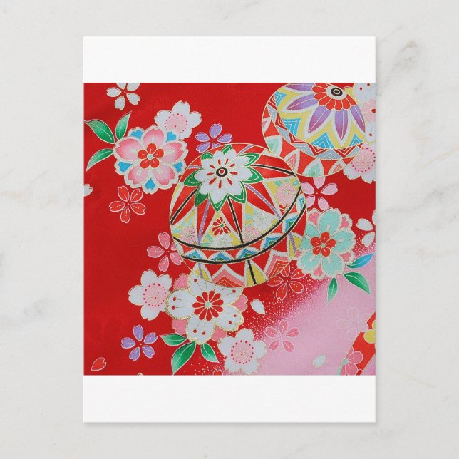 Japansk KIMONO Textile, Blommönster Vykort (Framsida)