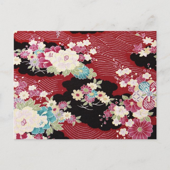 Japansk KIMONO Textile, Blommönster Vykort (Framsida)
