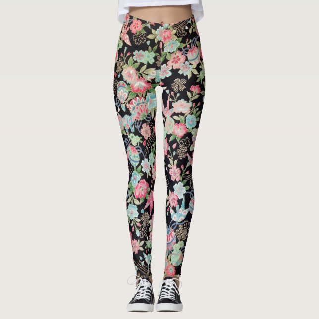 Japansk KIMONO Textile, Floret Mönster Leggings (Framsida)