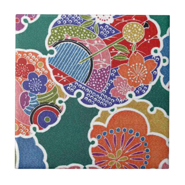 Japansk KIMONOtextil, Floretmönster Kakelplatta (Framsidan)