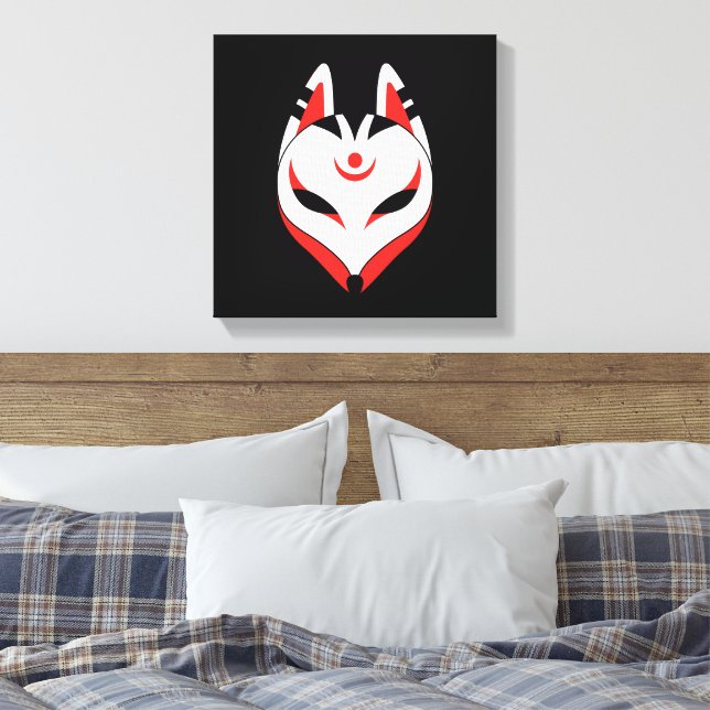 Japansk Kitsune Fox-mask på svart Canvastryck (Insitu (sovrum))