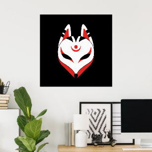 Japansk Kitsune Fox-mask på svart Poster