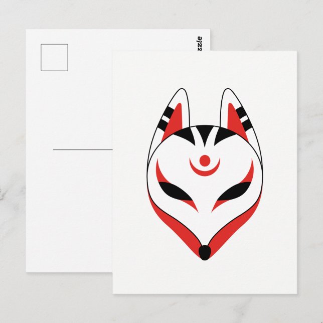 Japansk Kitsune Fox-mask Vykort (Fram/baksida)