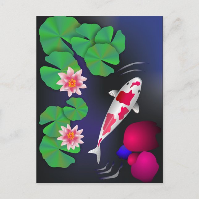 Japansk koi Fish, Lotus Flowers & Vatten-lilies Po Vykort (Framsida)