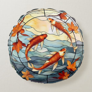 Japansk koi Fish och Höst löv Rund Kudde