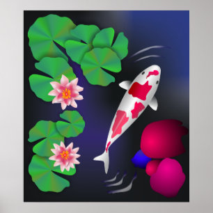 Japansk Koi fisk, lotusblommablommor & näckrosor Poster