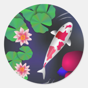 Japansk Koi fisk, lotusblommablommor & näckrosor Runt Klistermärke