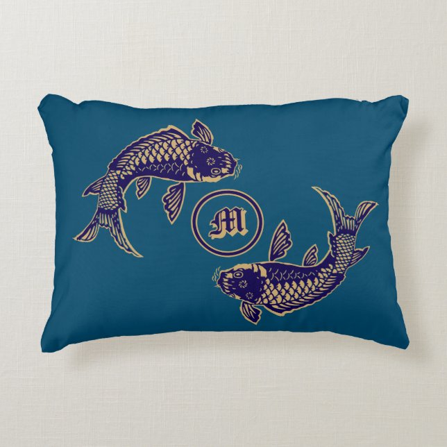 Japansk Koi Fisk Monogram Prydnadskudde (Framsidan)