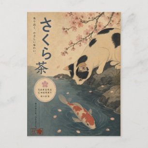 Japansk Koi-fisk Vintage Katt Sakura Konst Retro Vykort