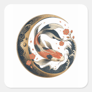 Japansk Koi-fisk Yin Yang Blommig Tatuering Konst Fyrkantigt Klistermärke