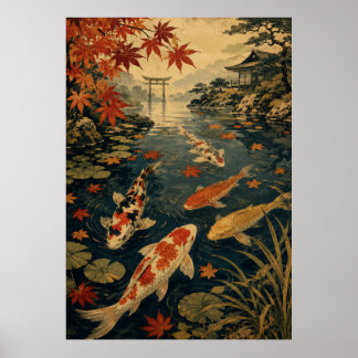 Japansk Koi-fiskvågposter | Vintage röd sol Wa Poster