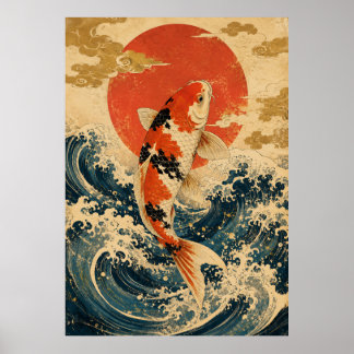 Japansk Koi-fiskvågposter | Vintage röd sol Wa Poster