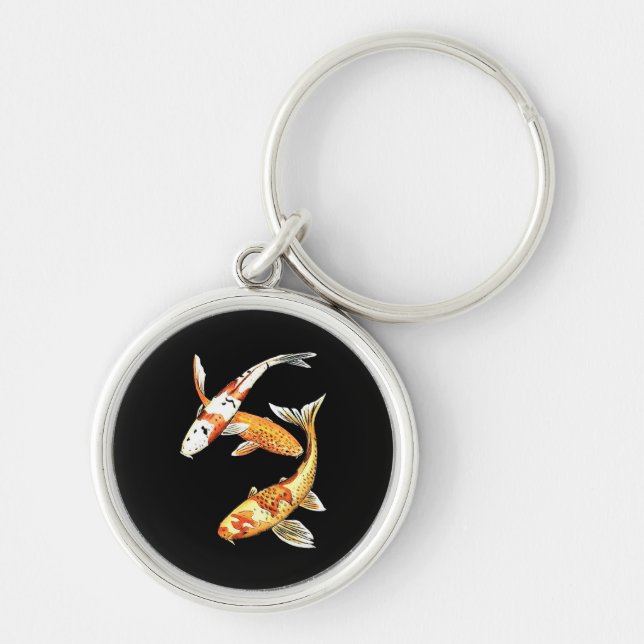 Japansk Koi guldfisk på svart Rund Silverfärgad Nyckelring (Framsidan)