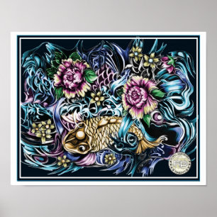Japansk koi-utskrift på svart bakgrund poster