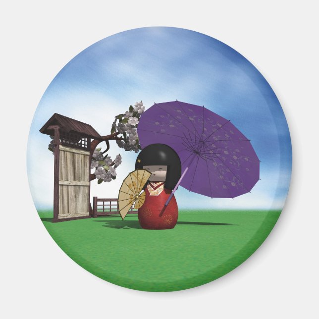 Japansk Kokeshi-docka Körsbärsblom-konst Magnet (Framsidan)