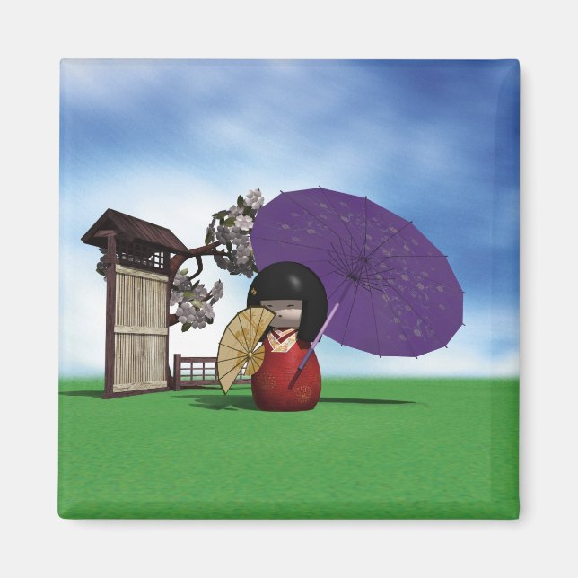 Japansk Kokeshi-docka Körsbärsblom-konst Magnet (Framsidan)