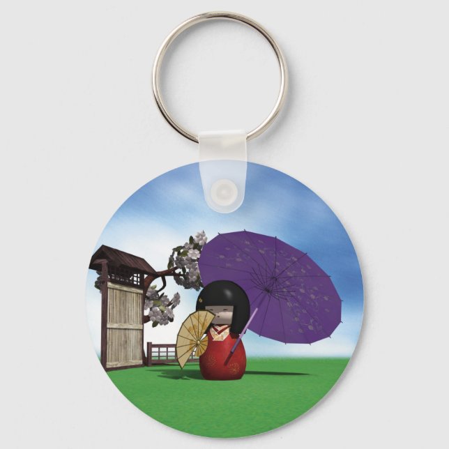 Japansk Kokeshi-docka Körsbärsblom-konst Nyckelring (Framsida)