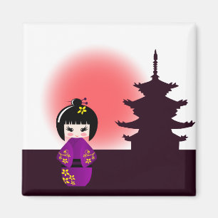 Japansk kokeshi-docka vid templet under solnedgån magnet