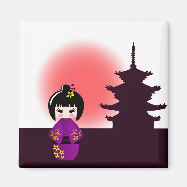 Japansk kokeshi-docka vid templet under solnedgång magnet (Framsidan)
