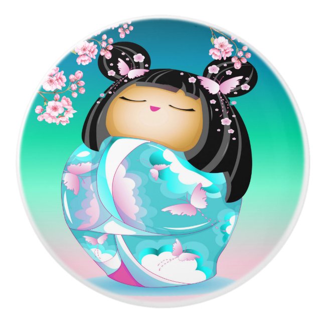 Japansk Kokeshi Doll Ceramic Knob Knopp (Framsidan)