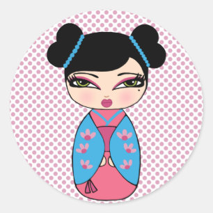 Japansk Kokeshi Doll Sticker Runt Klistermärke