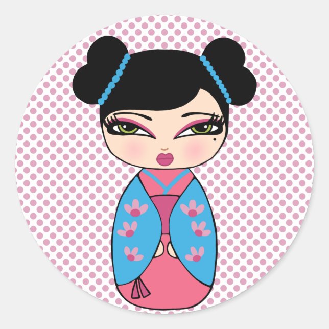 Japansk Kokeshi Doll Sticker Runt Klistermärke (Framsida)