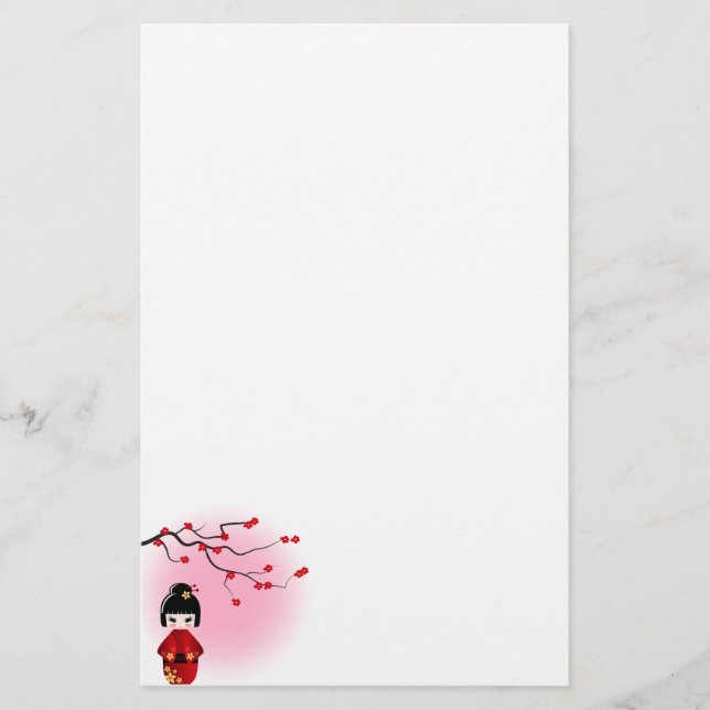 Japansk kokeshi-doll vid sakura-blommar brevpapper (Framsida)