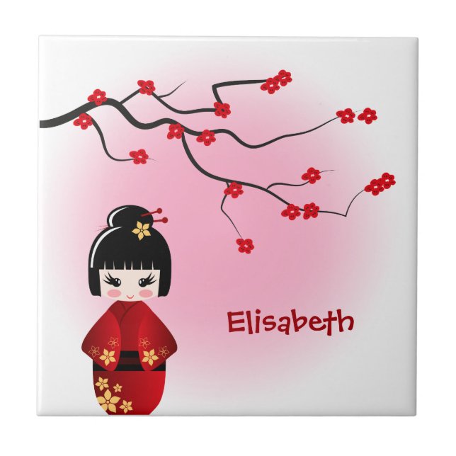 Japansk kokeshi-doll vid sakura-blommar kakelplatta (Framsidan)