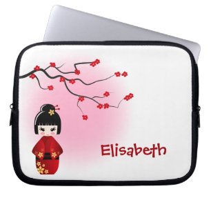 Japansk kokeshi-doll vid sakura-blommar laptop fodral