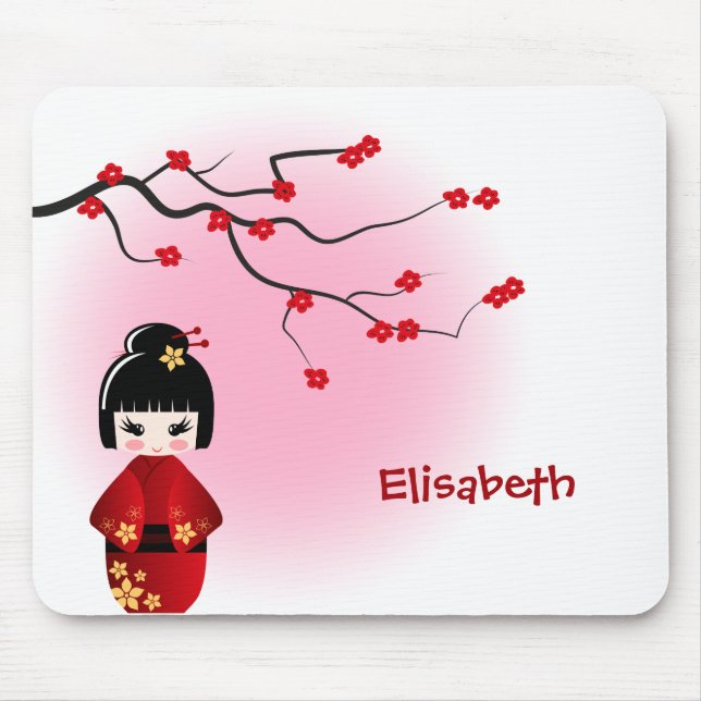 Japansk kokeshi-doll vid sakura-blommar musmatta (Framsidan)