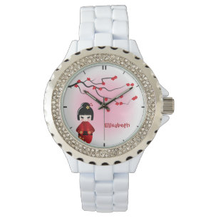 Japansk kokeshi doll vid sakura blommar namn armbandsur