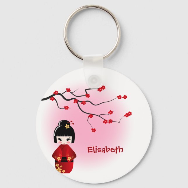 Japansk kokeshi doll vid sakura blommar namn nyckelring (Framsida)