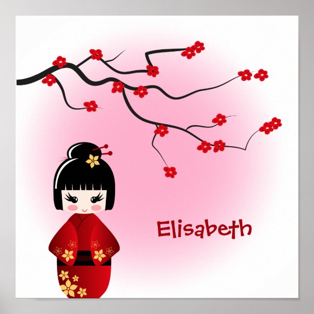 Japansk kokeshi-doll vid sakura-blommar poster (Framsidan)