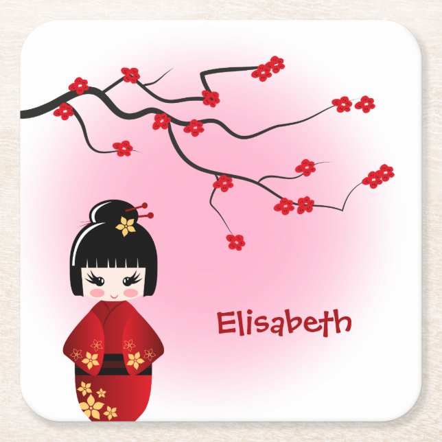 Japansk kokeshi doll vid sakura girl namn underlägg papper kvadrat (Framsidan)