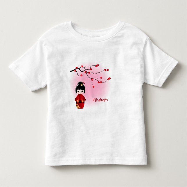 Japansk kokeshi doll vid sakura namn-flickskjorta t shirt (Framsida)